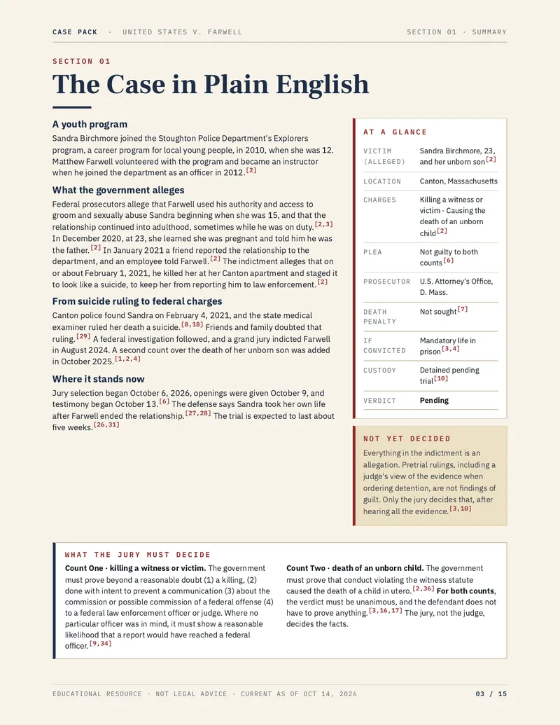 Preview of page 3 of the United States v. Matthew Farwell case pack: plain-English summary