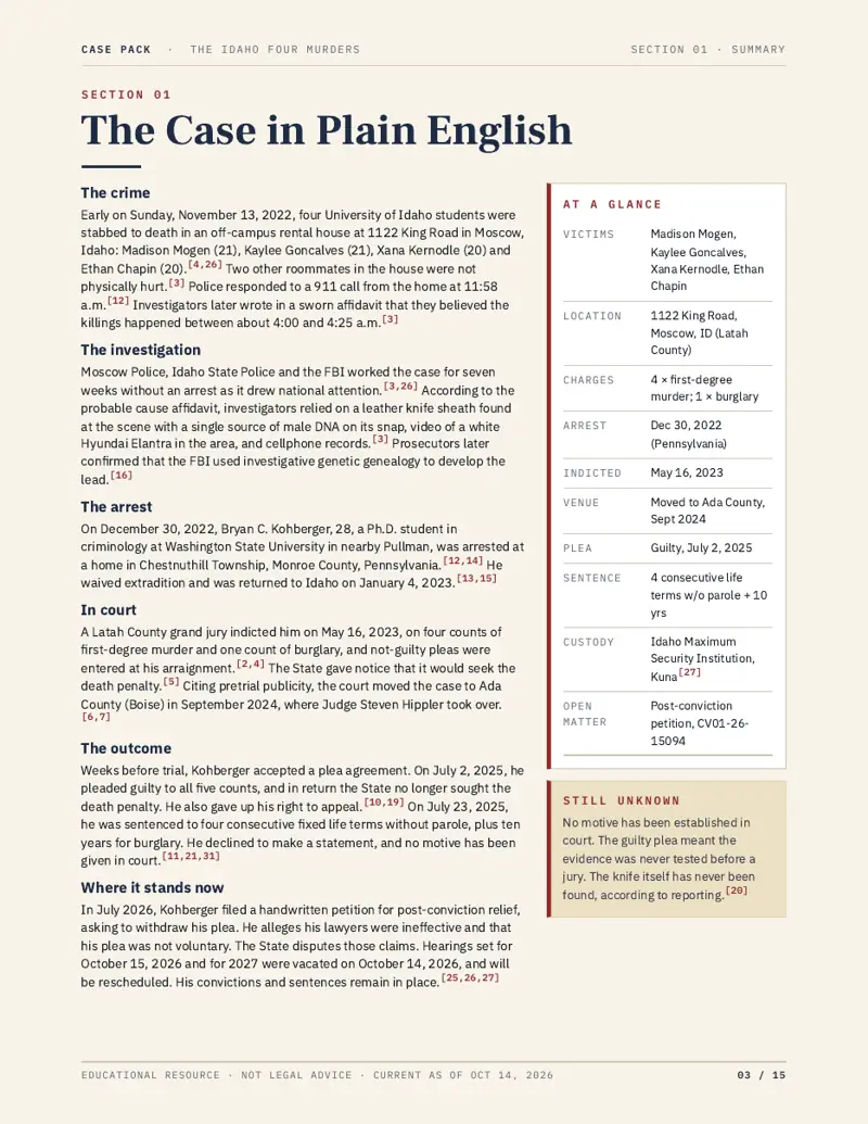 Preview of page 3 of the The Idaho Four Murders case pack: plain-English summary