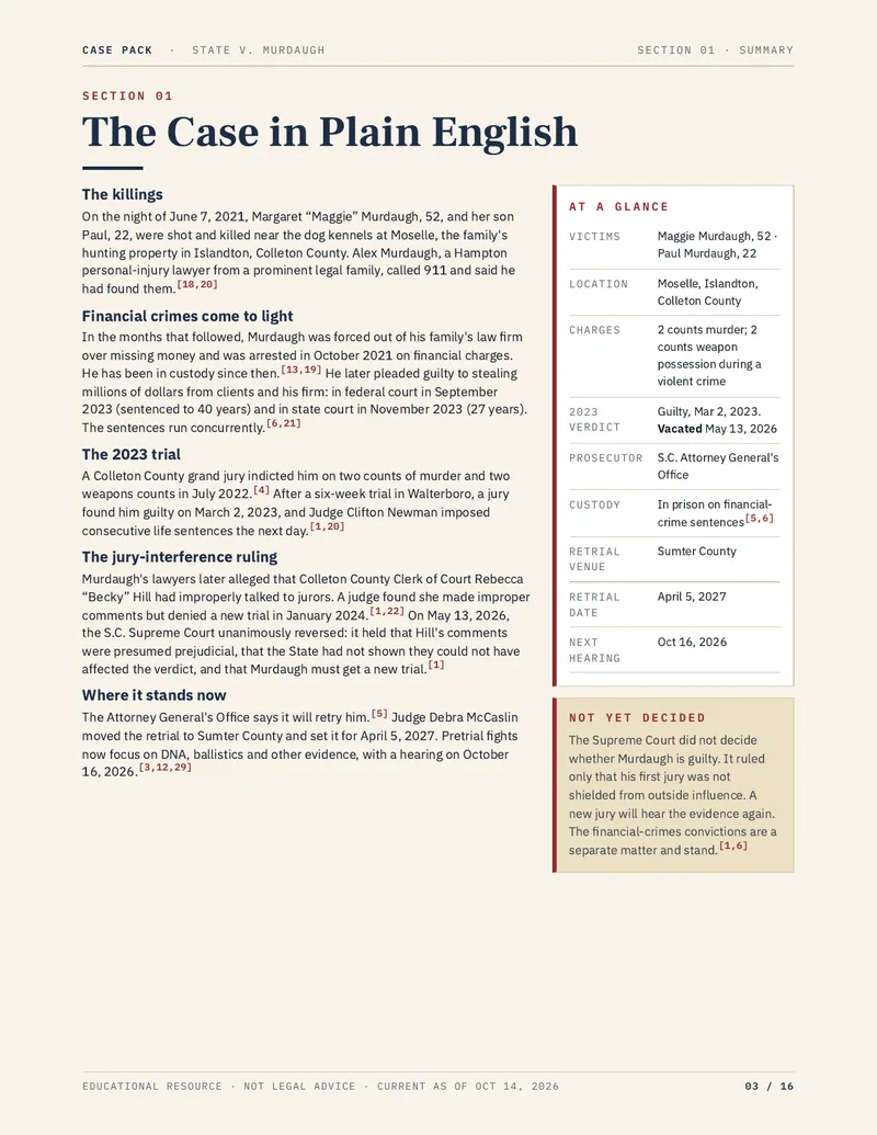 Preview of page 3 of the State of South Carolina v. Richard A. Murdaugh case pack: plain-English summary