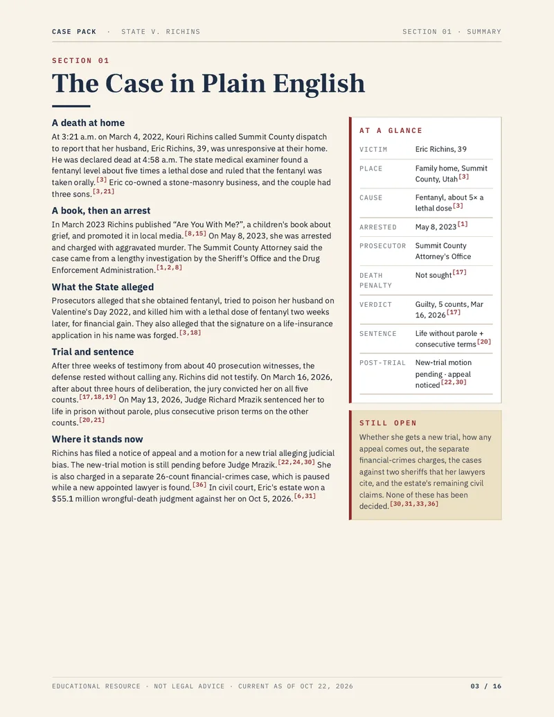 Preview of page 3 of the State of Utah v. Kouri Darden Richins case pack: plain-English summary