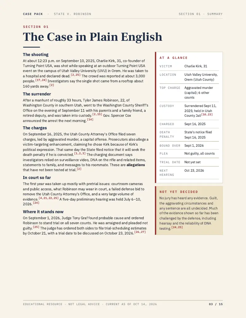 Preview of page 3 of the State of Utah v. Tyler J. Robinson case pack: plain-English summary